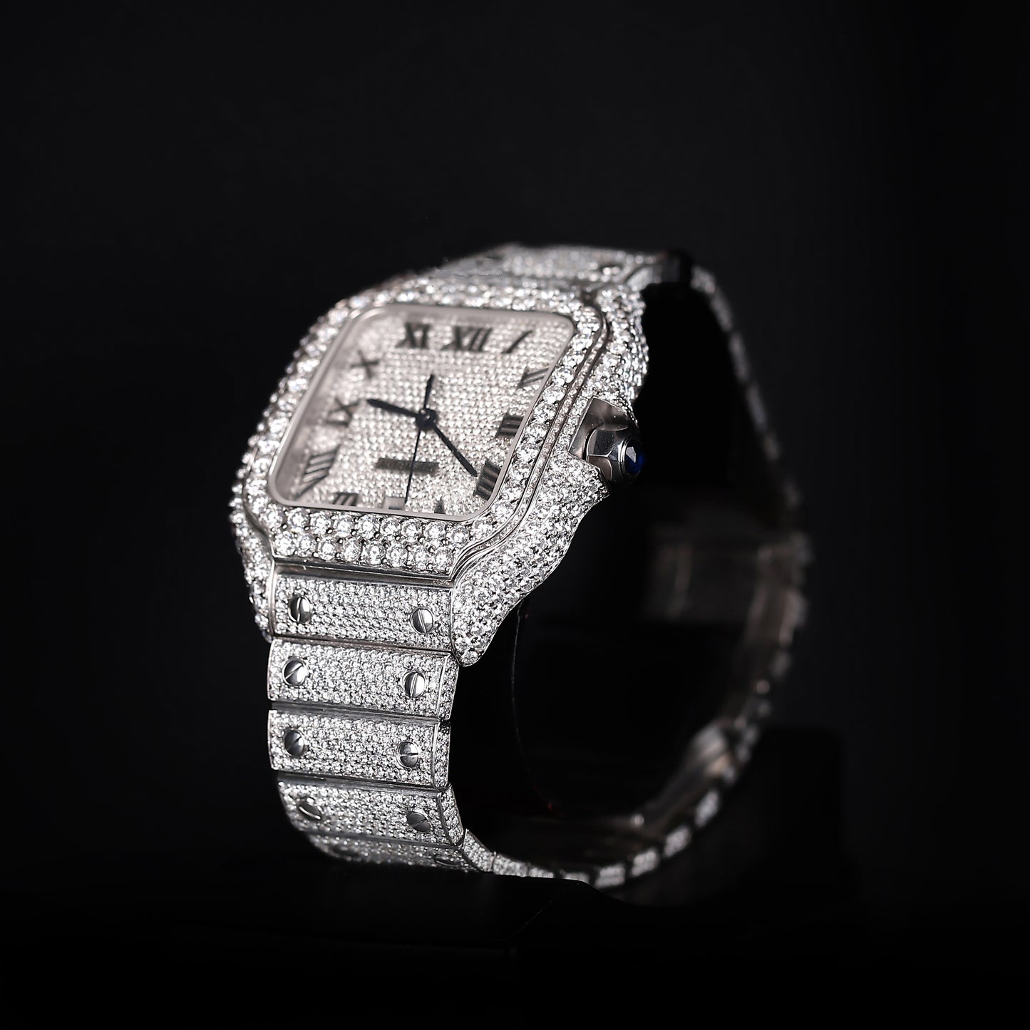 mens hip hop style watch fully covered in stones with classy roman dial