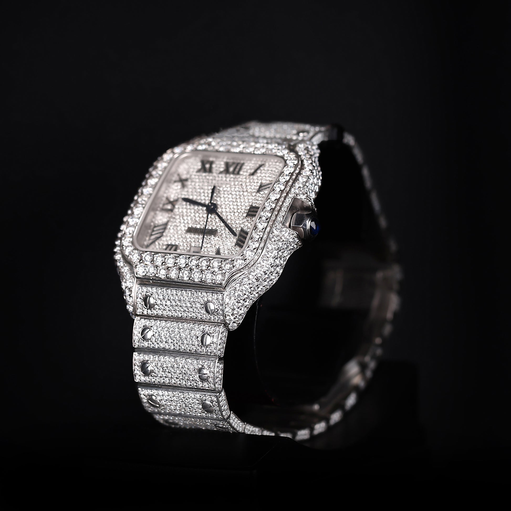 mens hip hop style watch fully covered in stones with classy roman dial