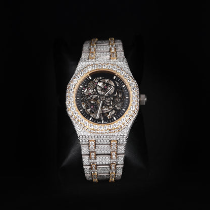 two tone iced skeleton watch with open movement and diamond shine