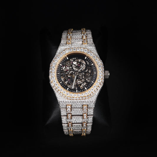 two tone iced skeleton watch with open movement and diamond shine