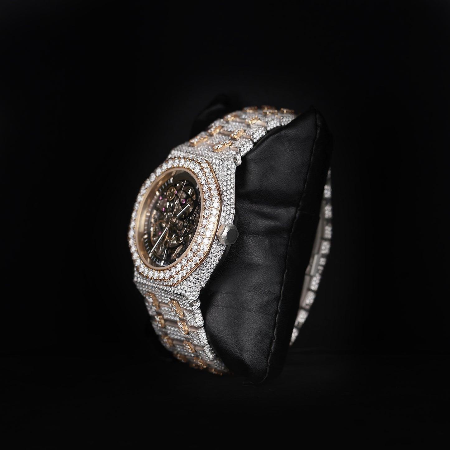 premium iced out watch with skeleton dial and silver yellow accents