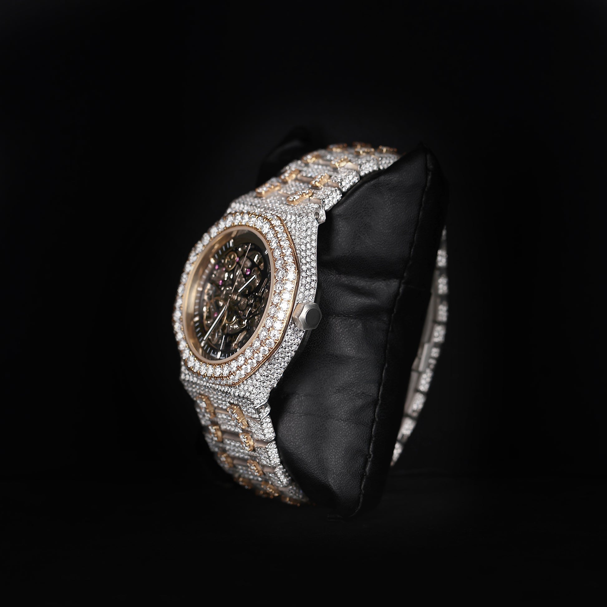 premium iced out watch with skeleton dial and silver yellow accents