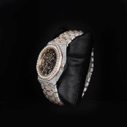 premium iced out watch with skeleton dial and silver yellow accents