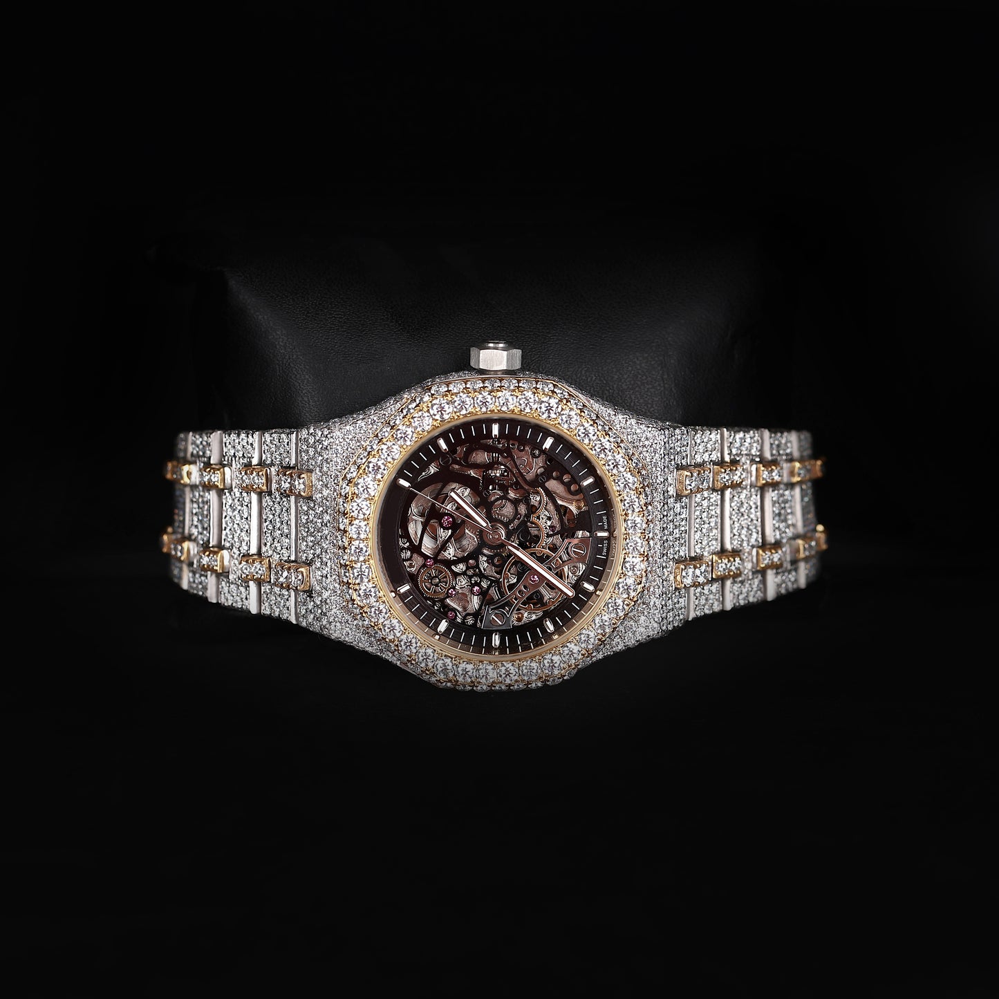 hip hop style skeleton watch with full diamond setting and open mechanism