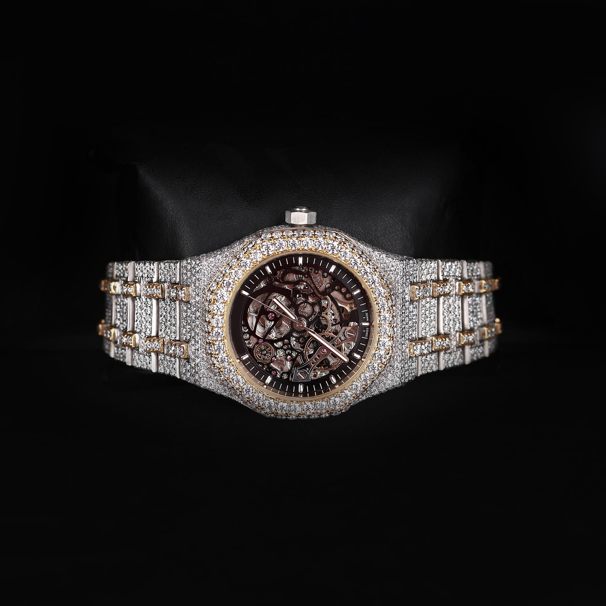 hip hop style skeleton watch with full diamond setting and open mechanism