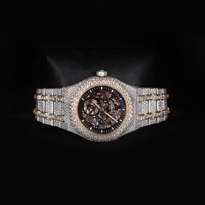 hip hop style skeleton watch with full diamond setting and open mechanism