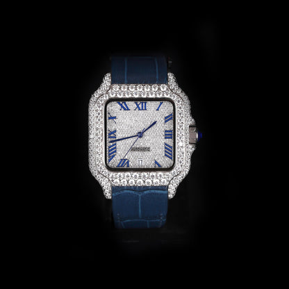 iced out square watch with blue strap and roman numeral dial luxury design