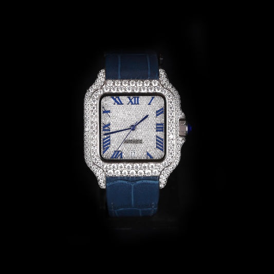 iced out square watch with blue strap and roman numeral dial luxury design
