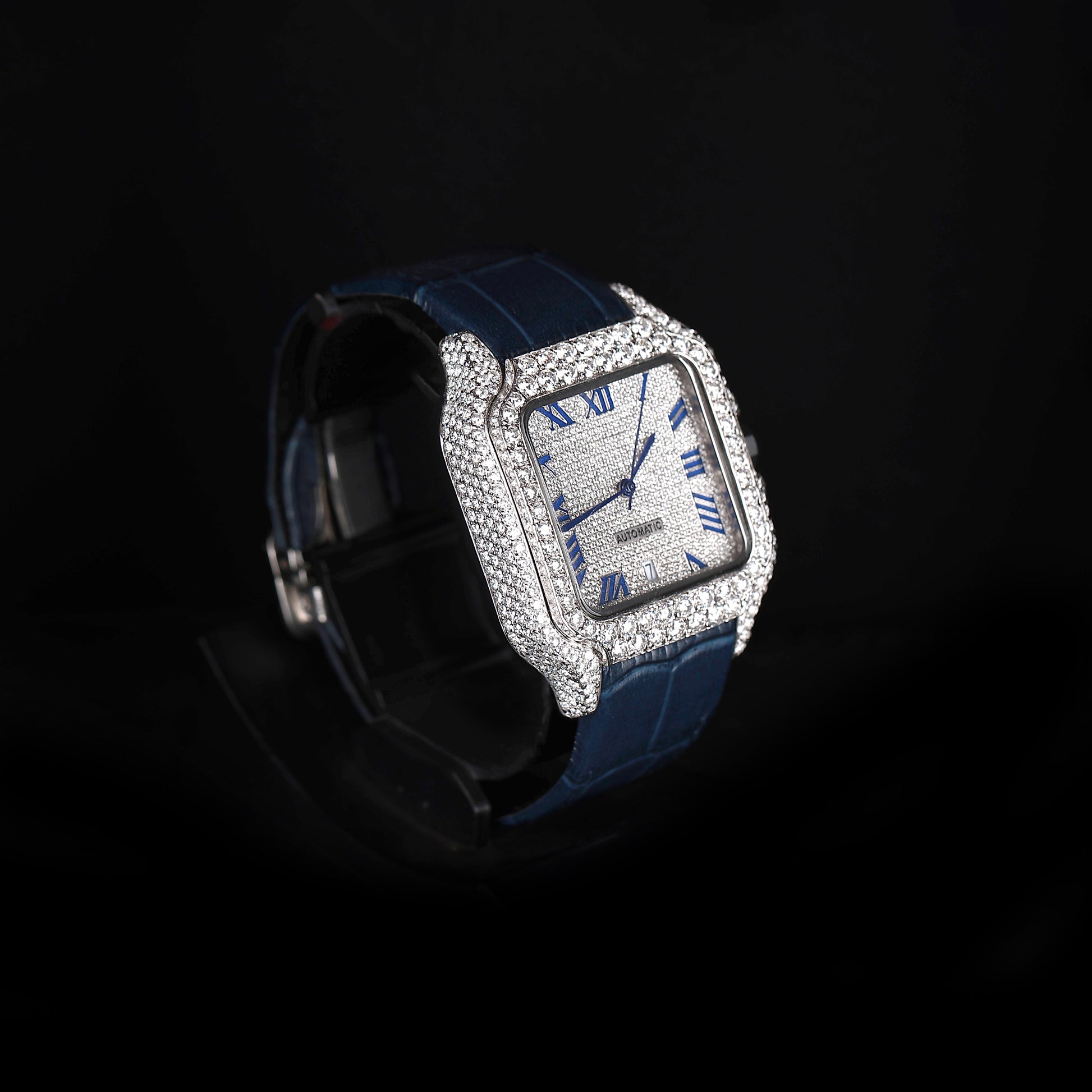 moissanite diamond watch with blue leather strap and square case