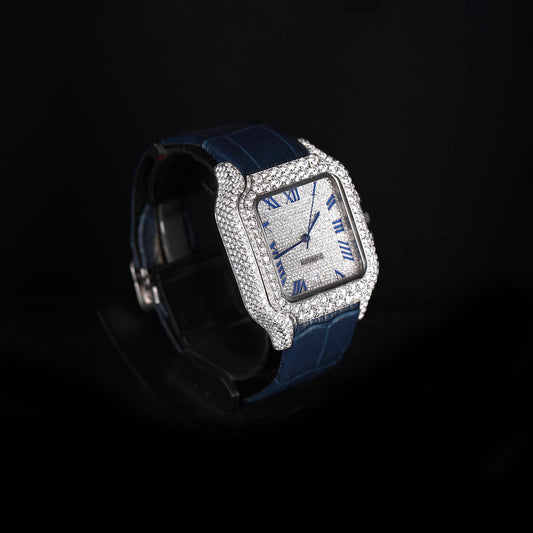 moissanite diamond watch with blue leather strap and square case