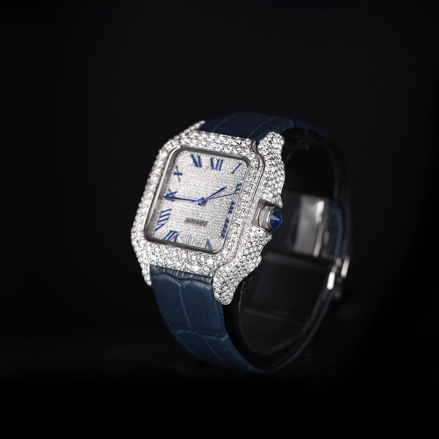 premium iced watch with blue roman dial and automatic movement