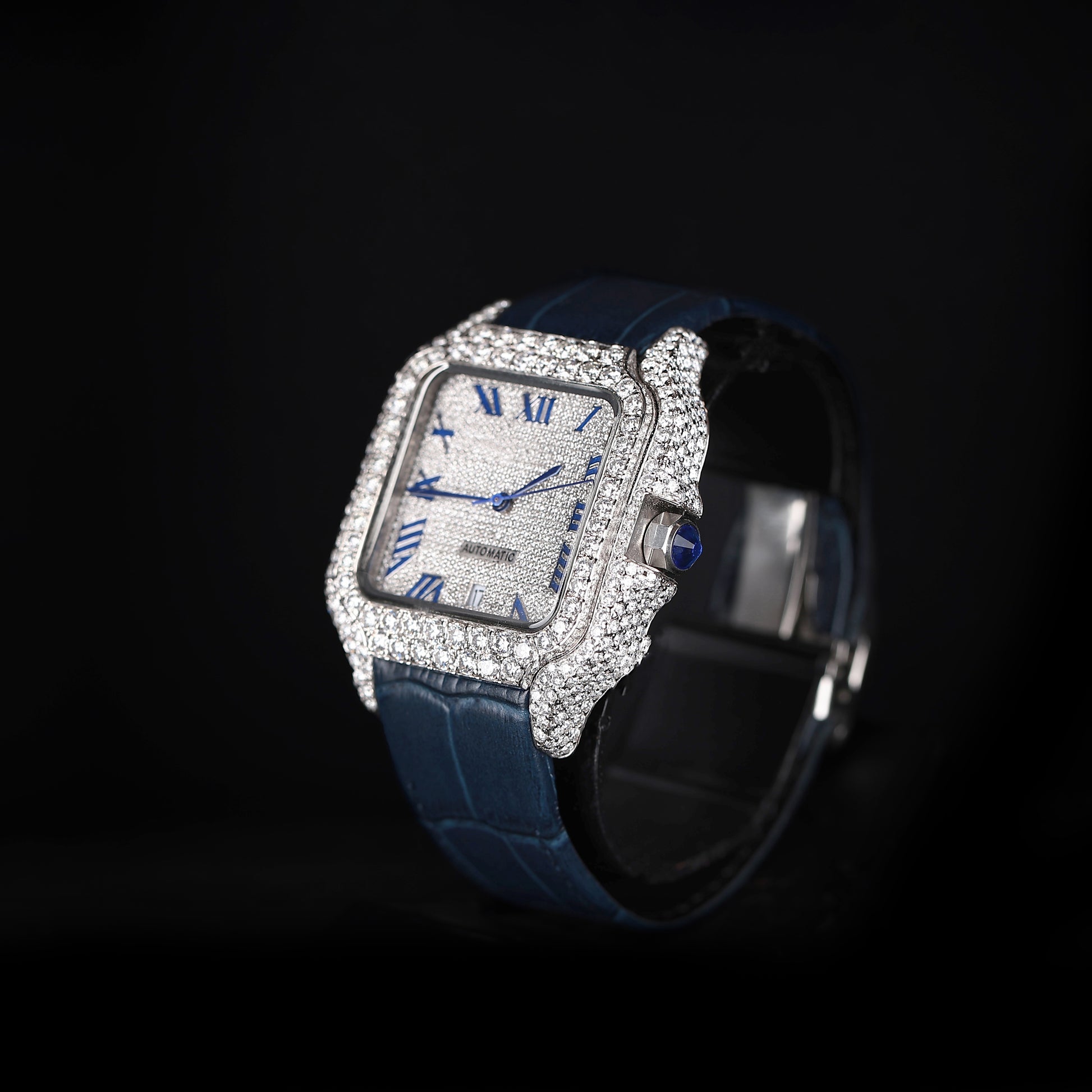 premium iced watch with blue roman dial and automatic movement