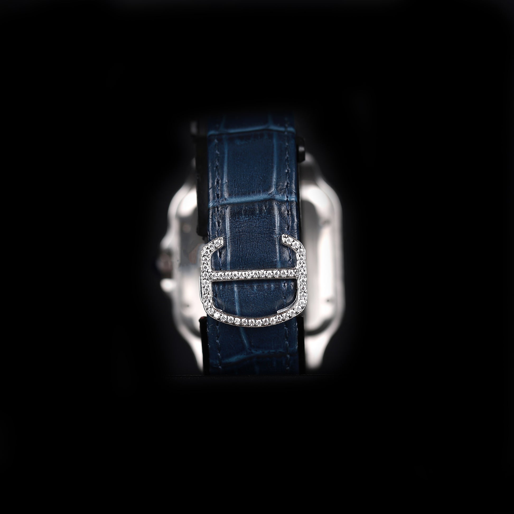 hip hop style iced watch with blue accents and clean square design