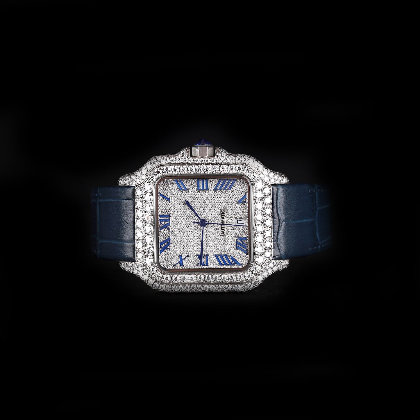 luxury square wristwatch with diamond stones and blue strap style