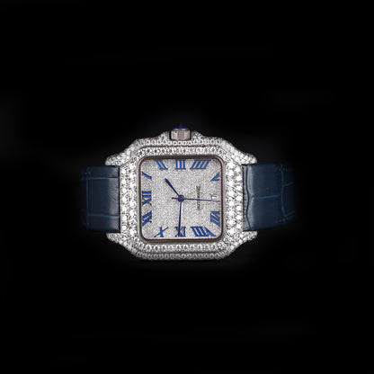 luxury square wristwatch with diamond stones and blue strap style