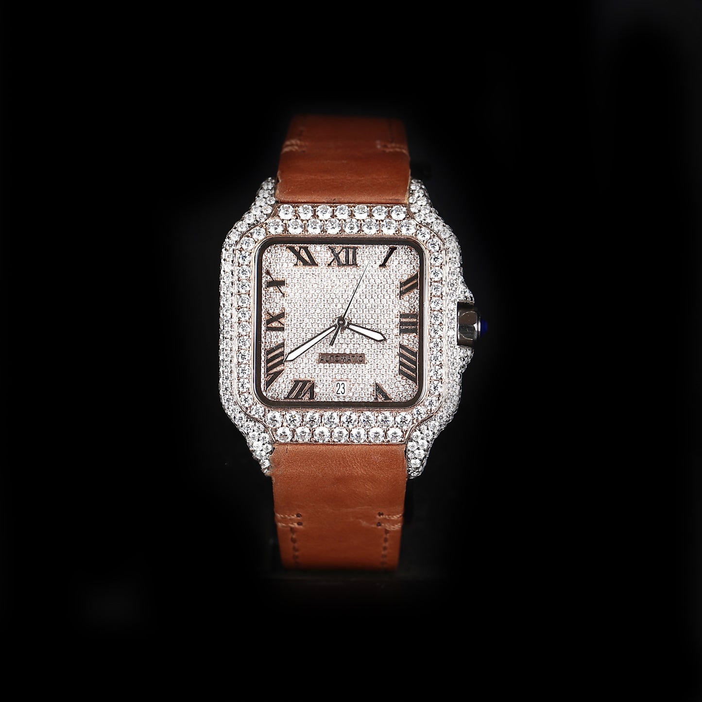 iced out square watch with blue strap and roman numeral dial luxury design