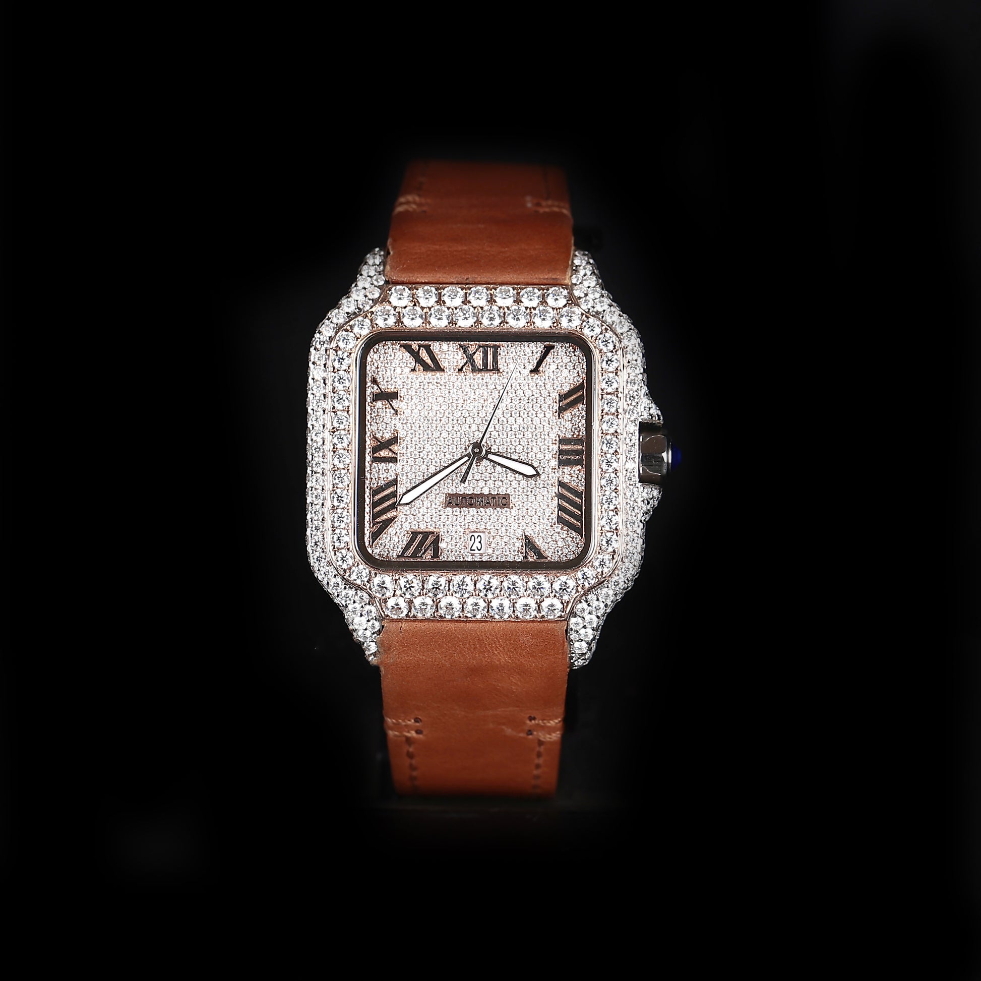 iced out square watch with blue strap and roman numeral dial luxury design