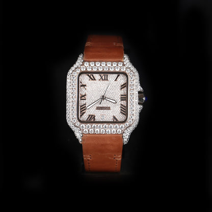 iced out square watch with blue strap and roman numeral dial luxury design