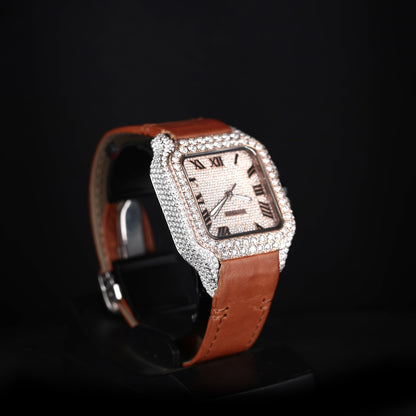 moissanite diamond watch with blue leather strap and square case