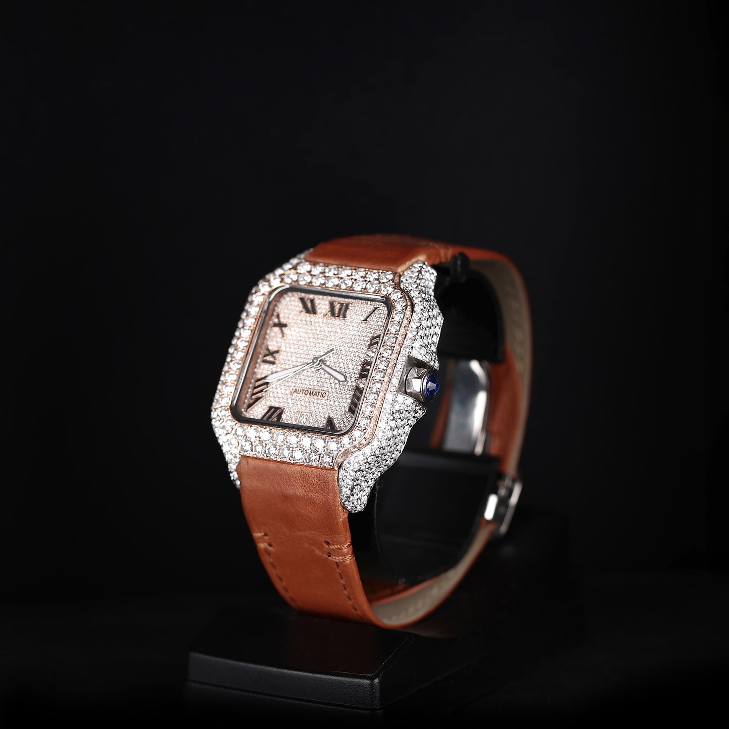 premium iced watch with blue roman dial and automatic movement