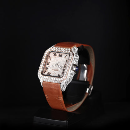 premium iced watch with blue roman dial and automatic movement