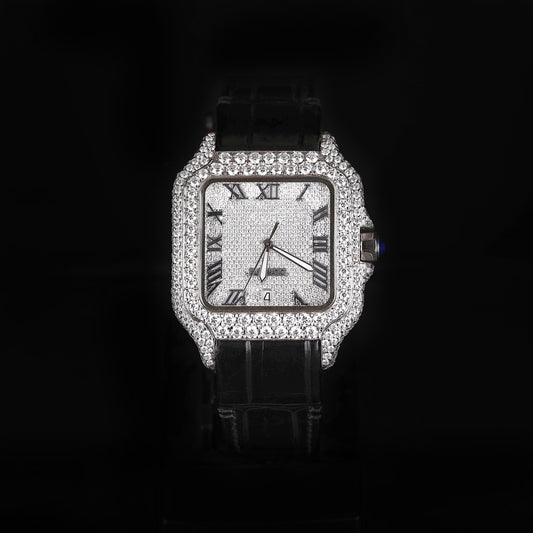 iced out square watch with black leather strap and roman numeral dial