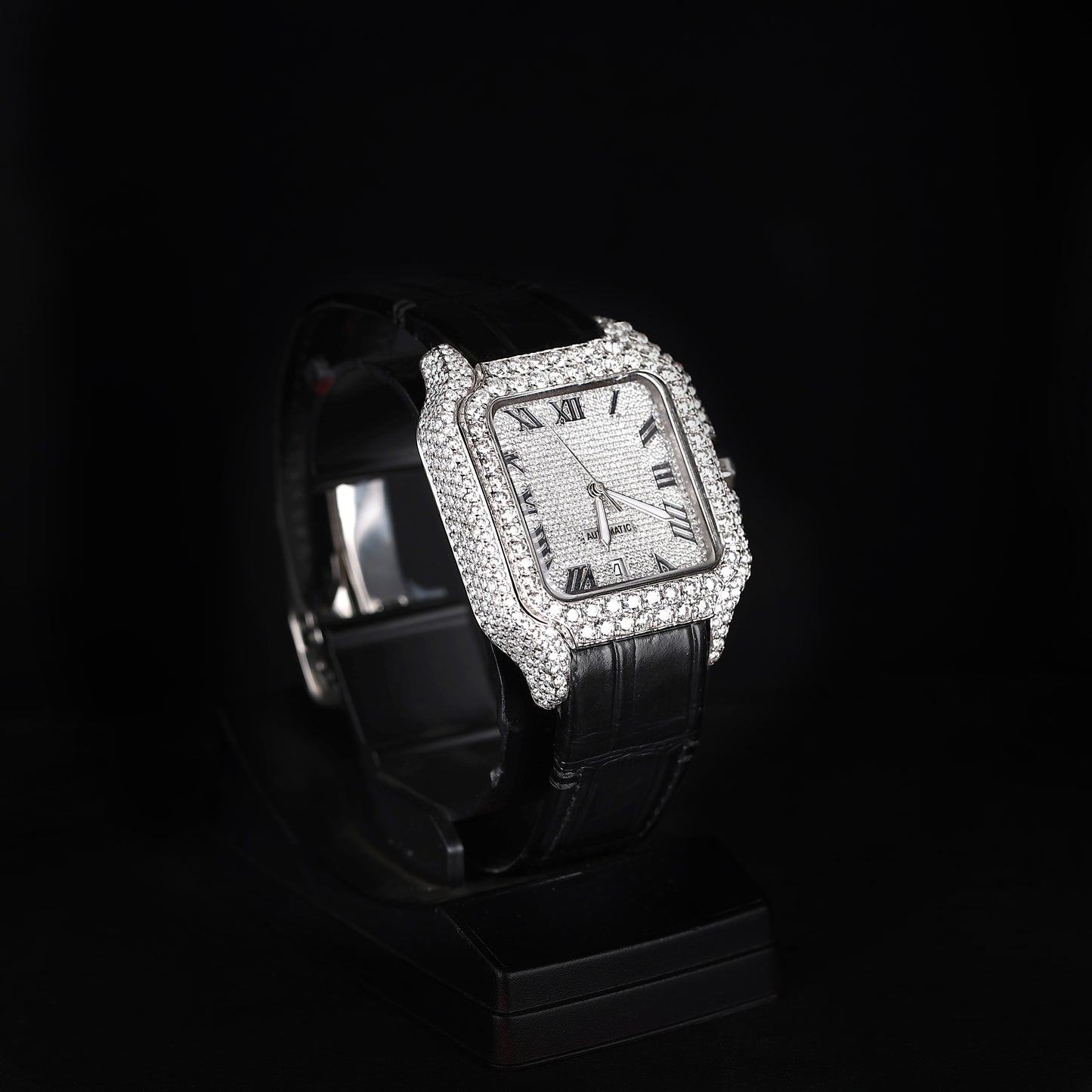 luxury moissanite watch with black strap and diamond style stones