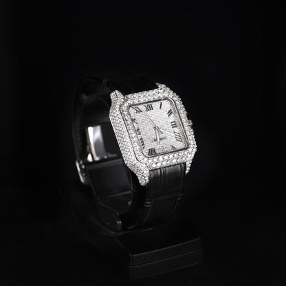 luxury moissanite watch with black strap and diamond style stones