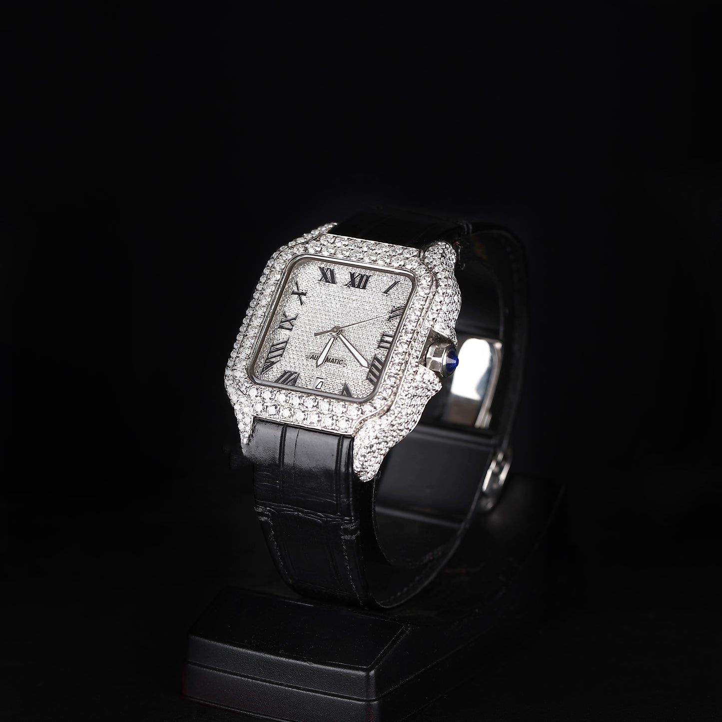 premium square wristwatch with iced bezel and black leather design