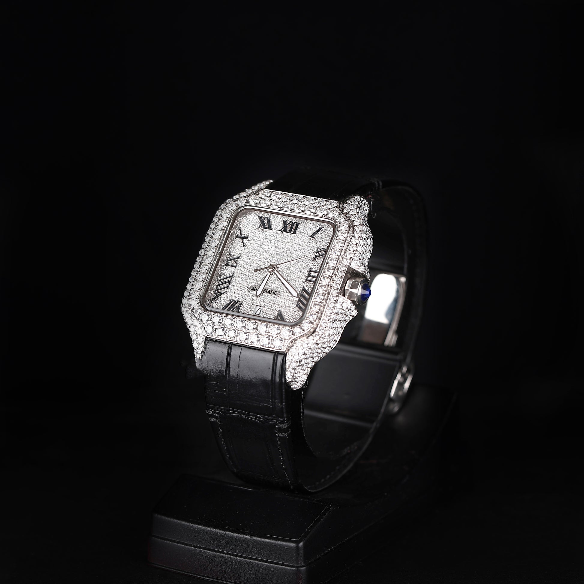 premium square wristwatch with iced bezel and black leather design