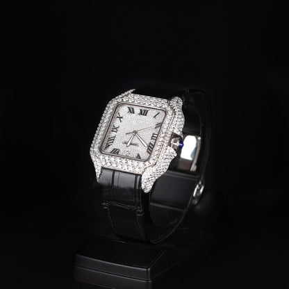 premium square wristwatch with iced bezel and black leather design