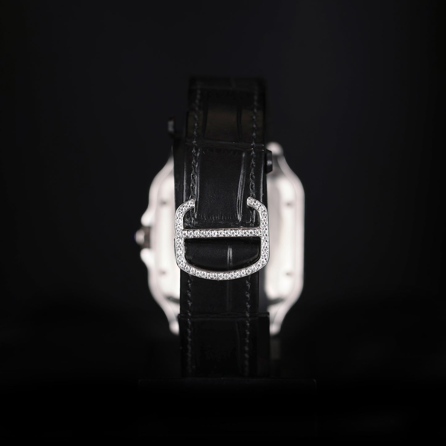 hip hop style iced watch with classic black strap and diamond finish