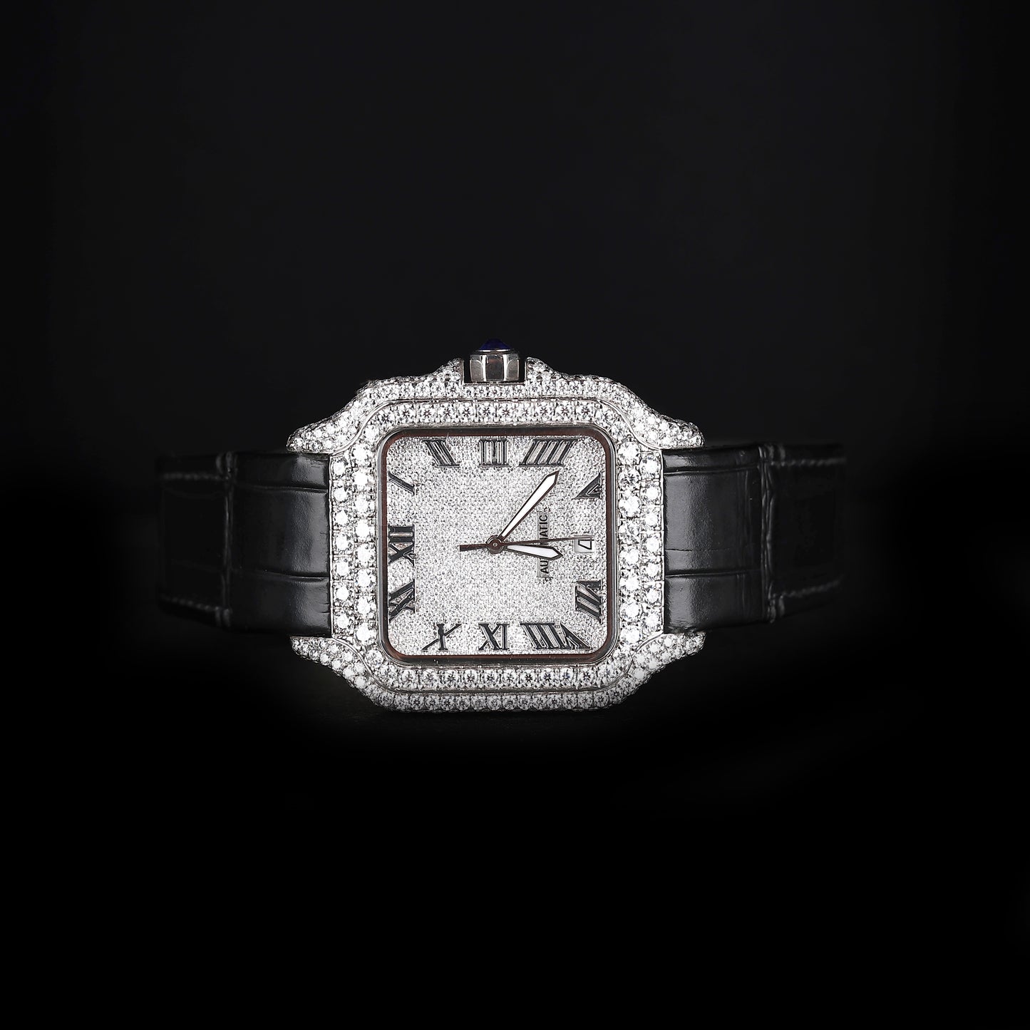 automatic watch with roman dial and black strap luxury look