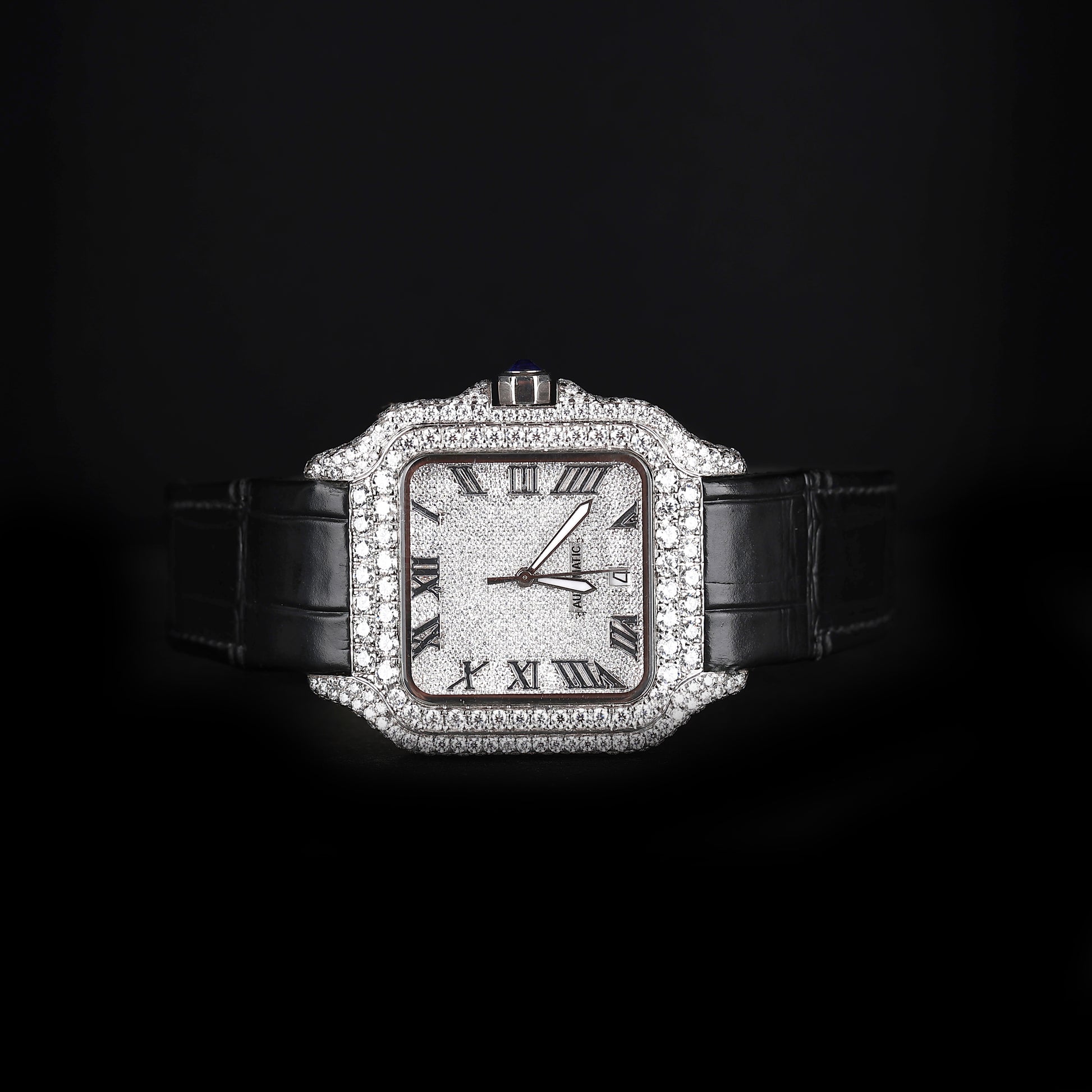 automatic watch with roman dial and black strap luxury look