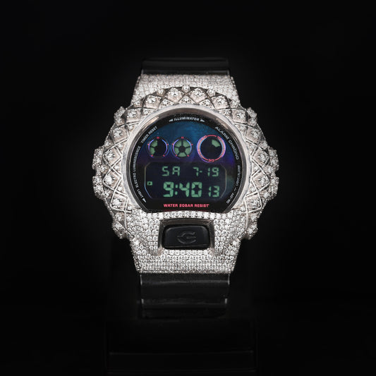 iced digital watch with rubber strap and diamond covered case