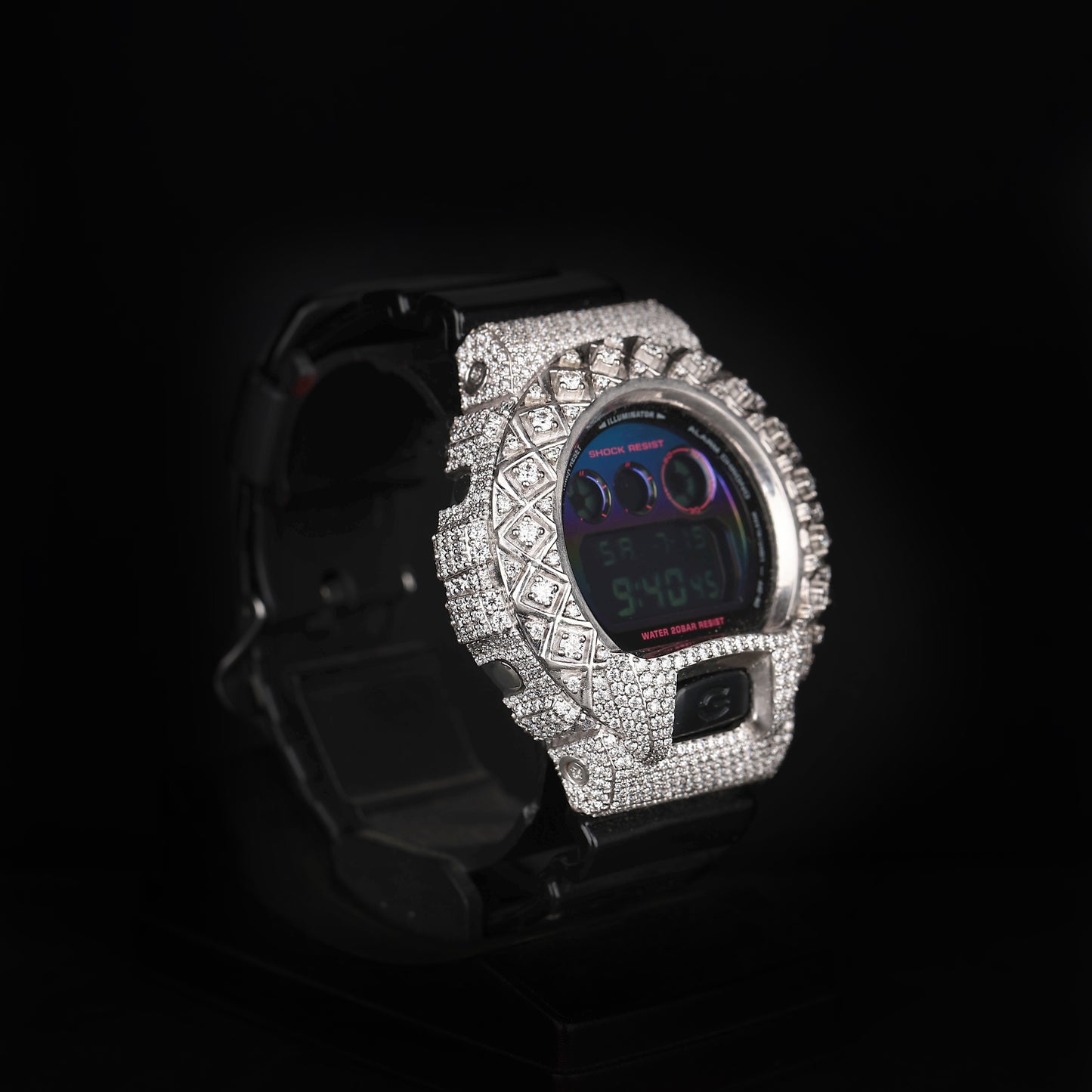 premium iced out sport watch with black strap and digital screen