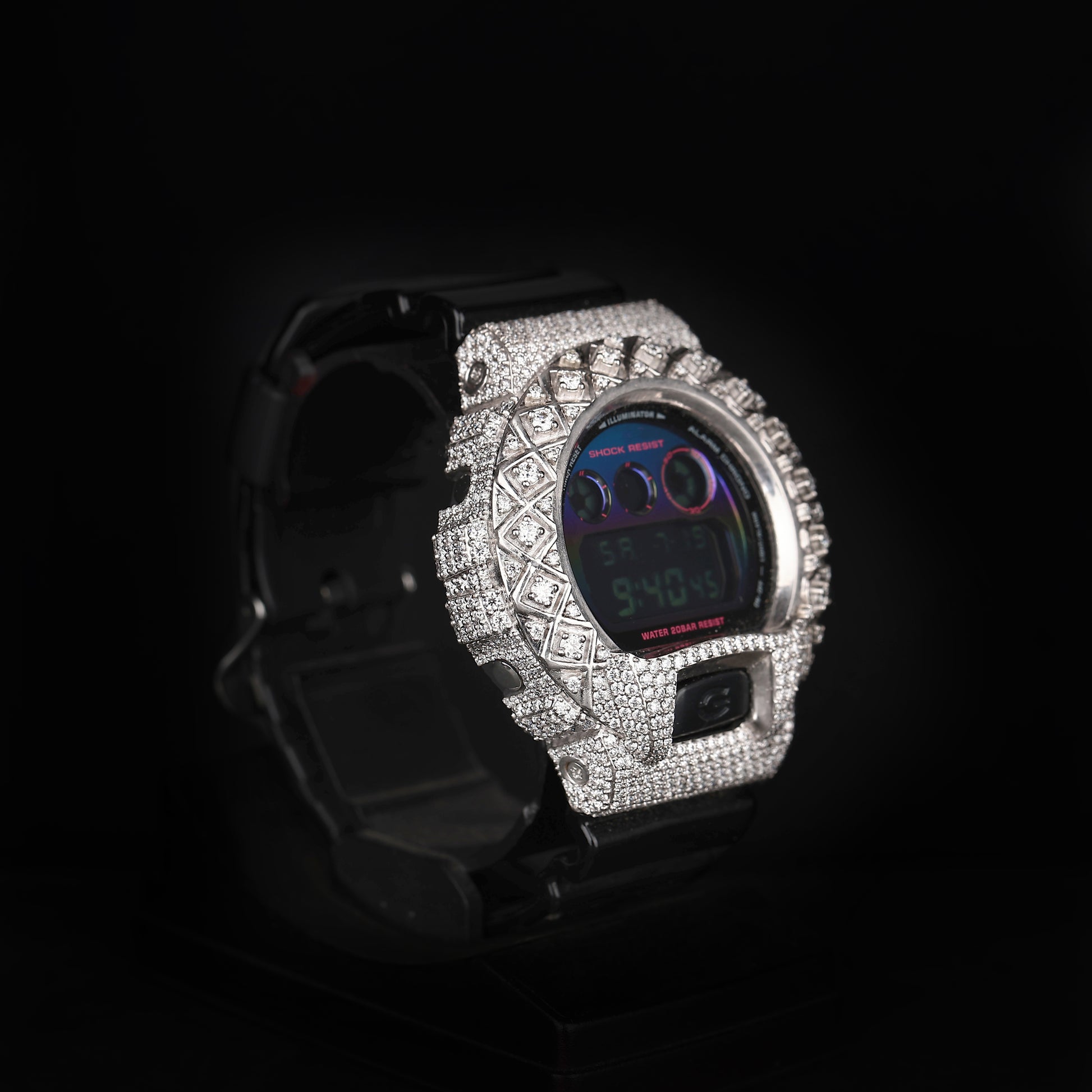 premium iced out sport watch with black strap and digital screen
