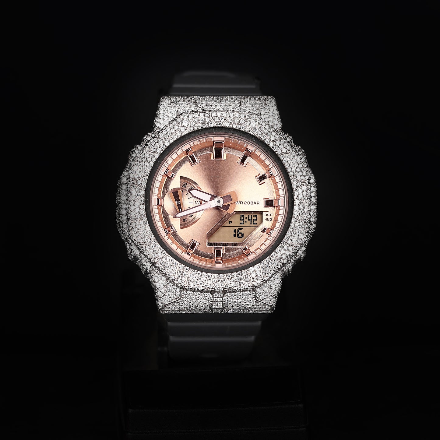 iced digital watch with rubber strap and diamond covered case