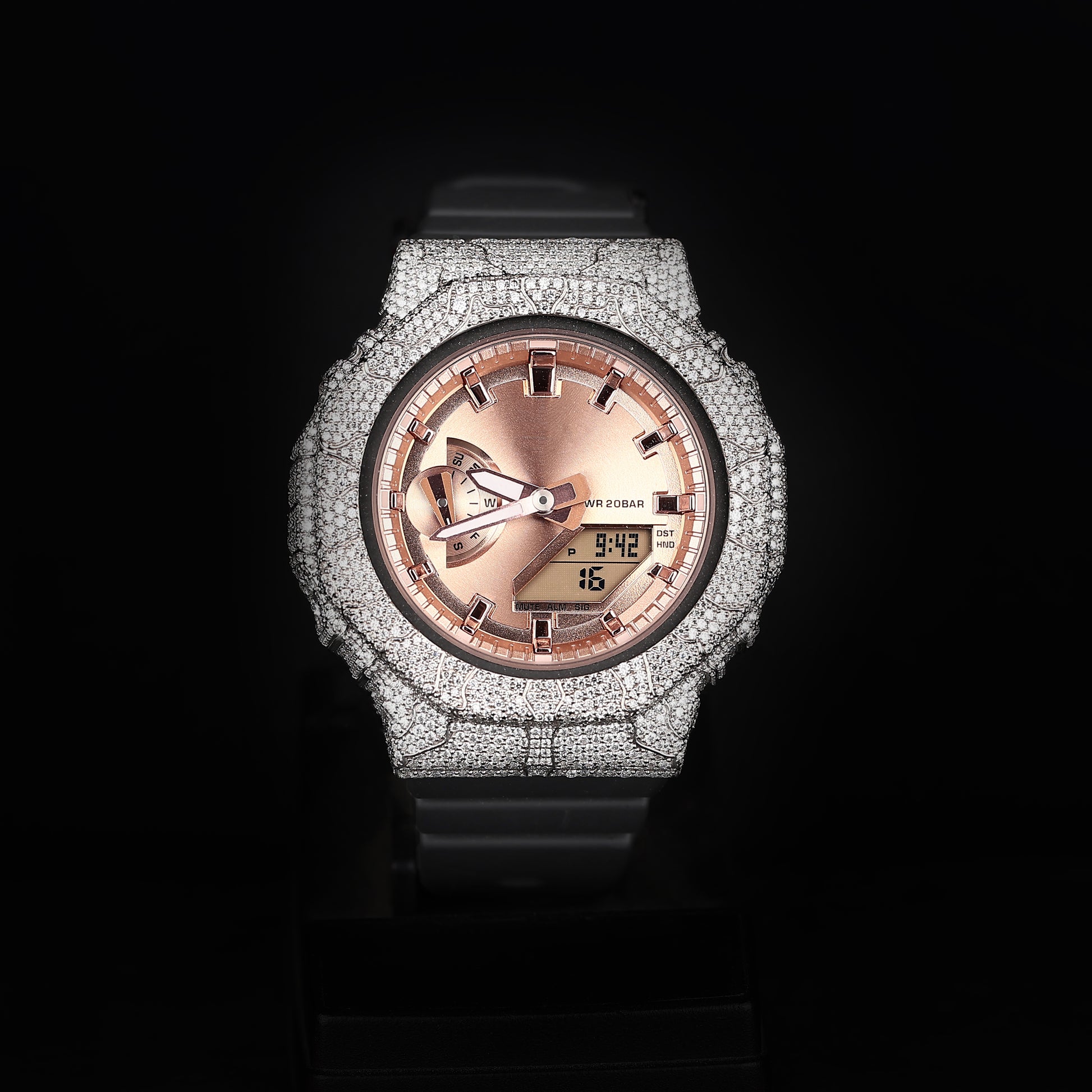 iced digital watch with rubber strap and diamond covered case