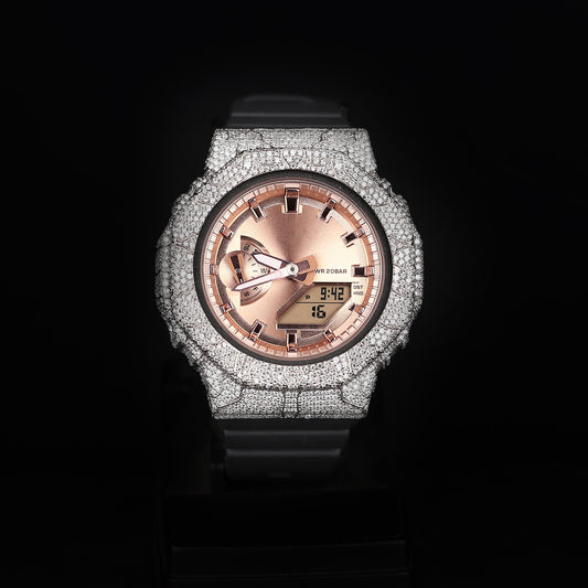 iced digital watch with rubber strap and diamond covered case
