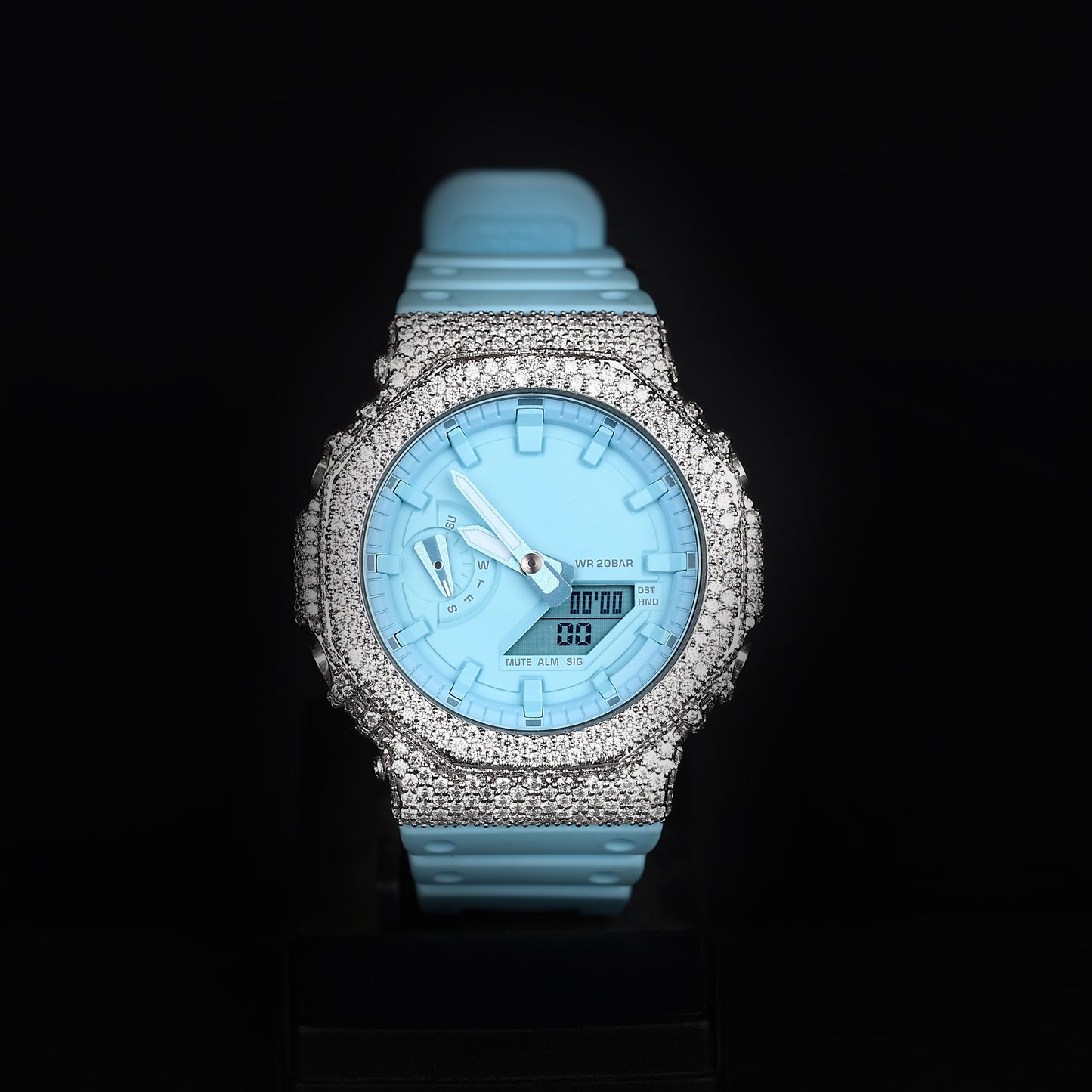 iced aqua blue watch with analog digital display and diamond bezel