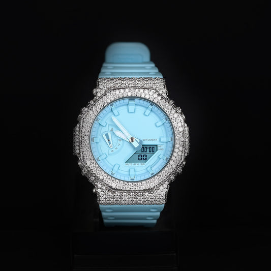 iced aqua blue watch with analog digital display and diamond bezel