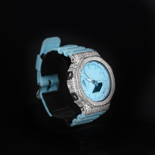 luxury moissanite watch with blue strap and sporty dial design