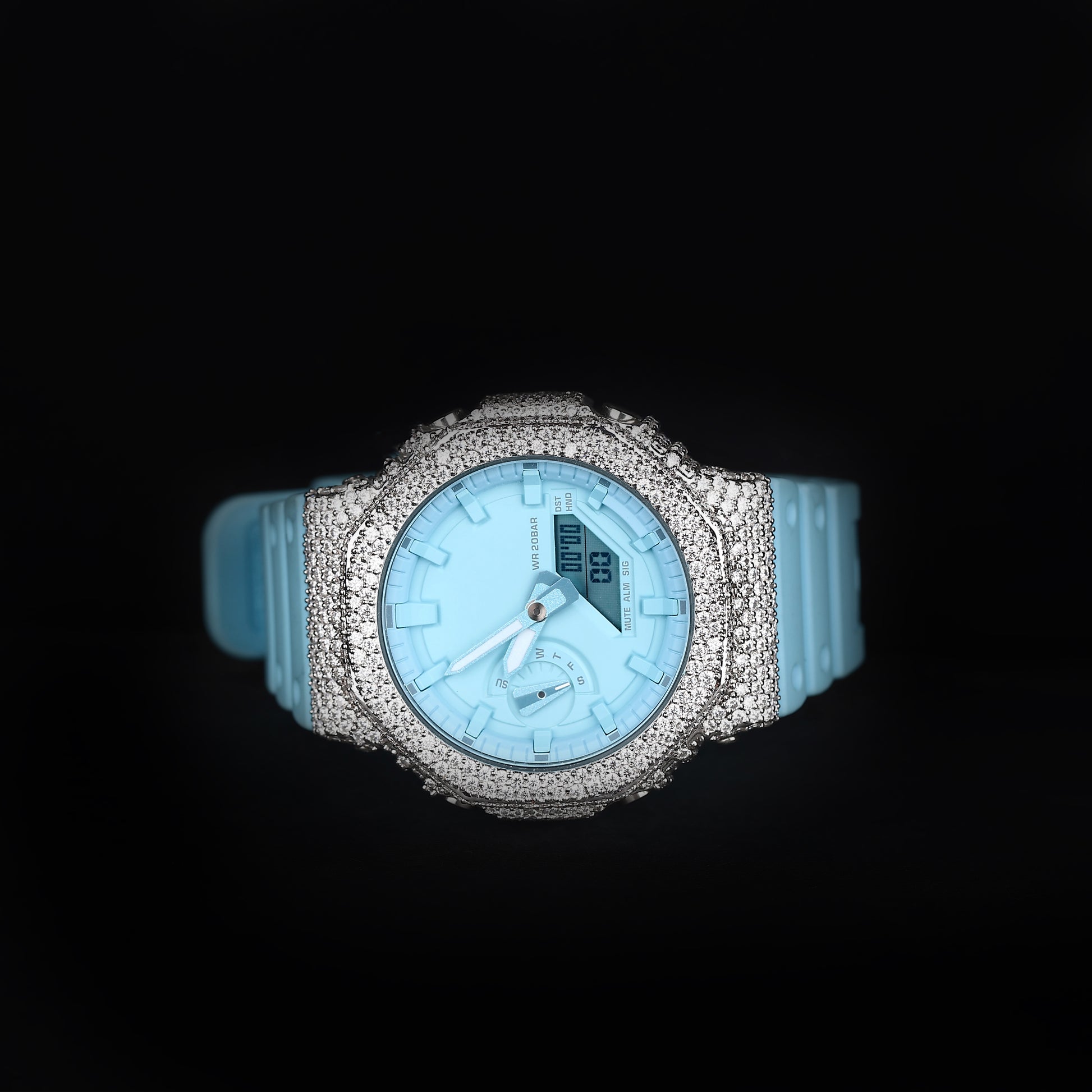 hip hop style blue watch with analog digital display and diamond setting