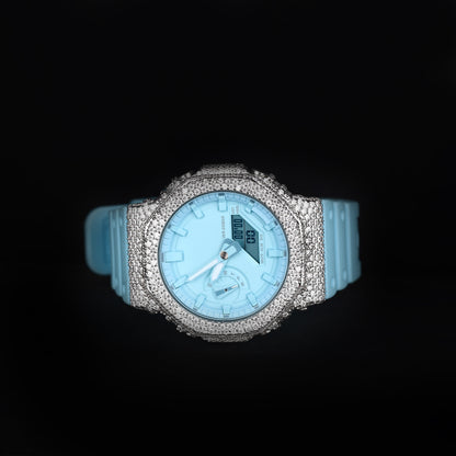 hip hop style blue watch with analog digital display and diamond setting
