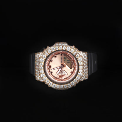 luxury moissanite watch with rose dial and black rubber strap