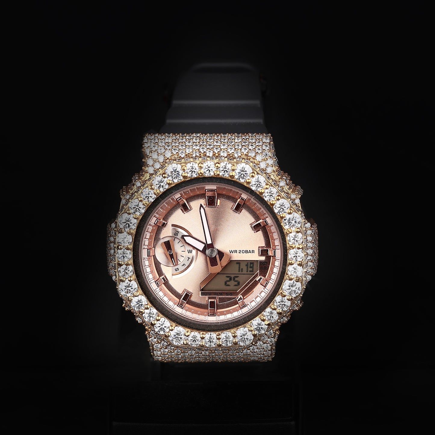iced rose tone watch with analog digital display and diamond bezel