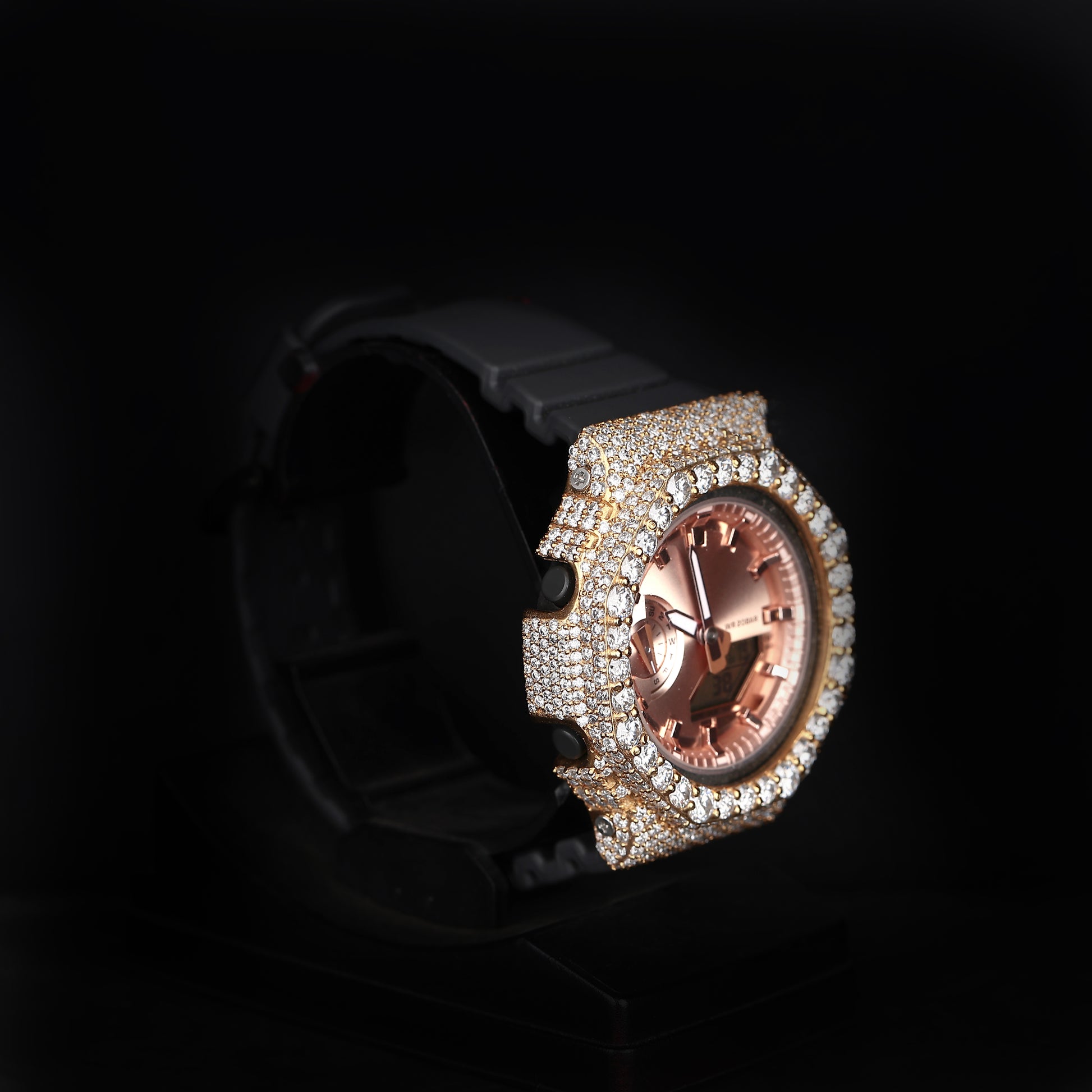 premium iced out watch with soft rose color and sporty design
