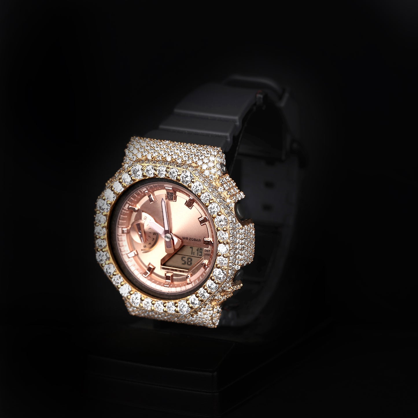 hip hop style rose watch with diamond setting and digital display