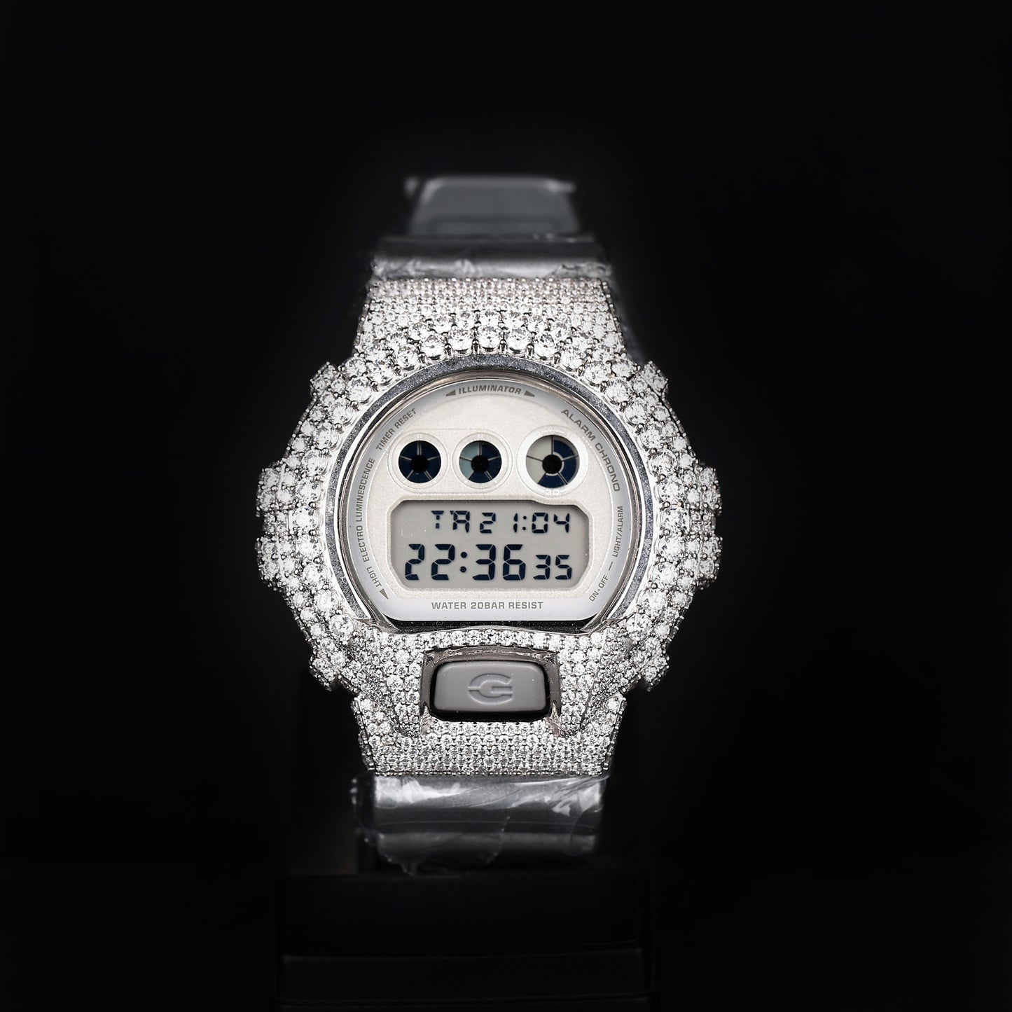 fully iced digital watch with diamond covered case and led display